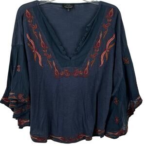 Lucky Brand Women Short Sleeve Top Blue Boho Peasant Hippie Western Size Large